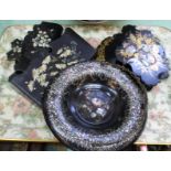 Three Victorian papier mache wall pockets plus a mother of pearl inlaid basket