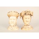 A pair of Chinese ivory carvings, head of emperor and empress,