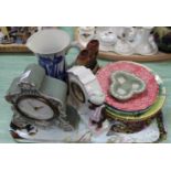 Two porcelain clocks plus other china