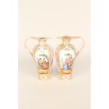 A pair of Dresden stoppered jugs with figure and floral decoration