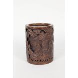 A Chinese bronze brush pot with figure and landscape decoration,