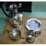 A silver plated hot water jug plus other silver plate