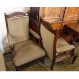 A pair of Edwardian mahogany framed armchairs with beige corded upholstery