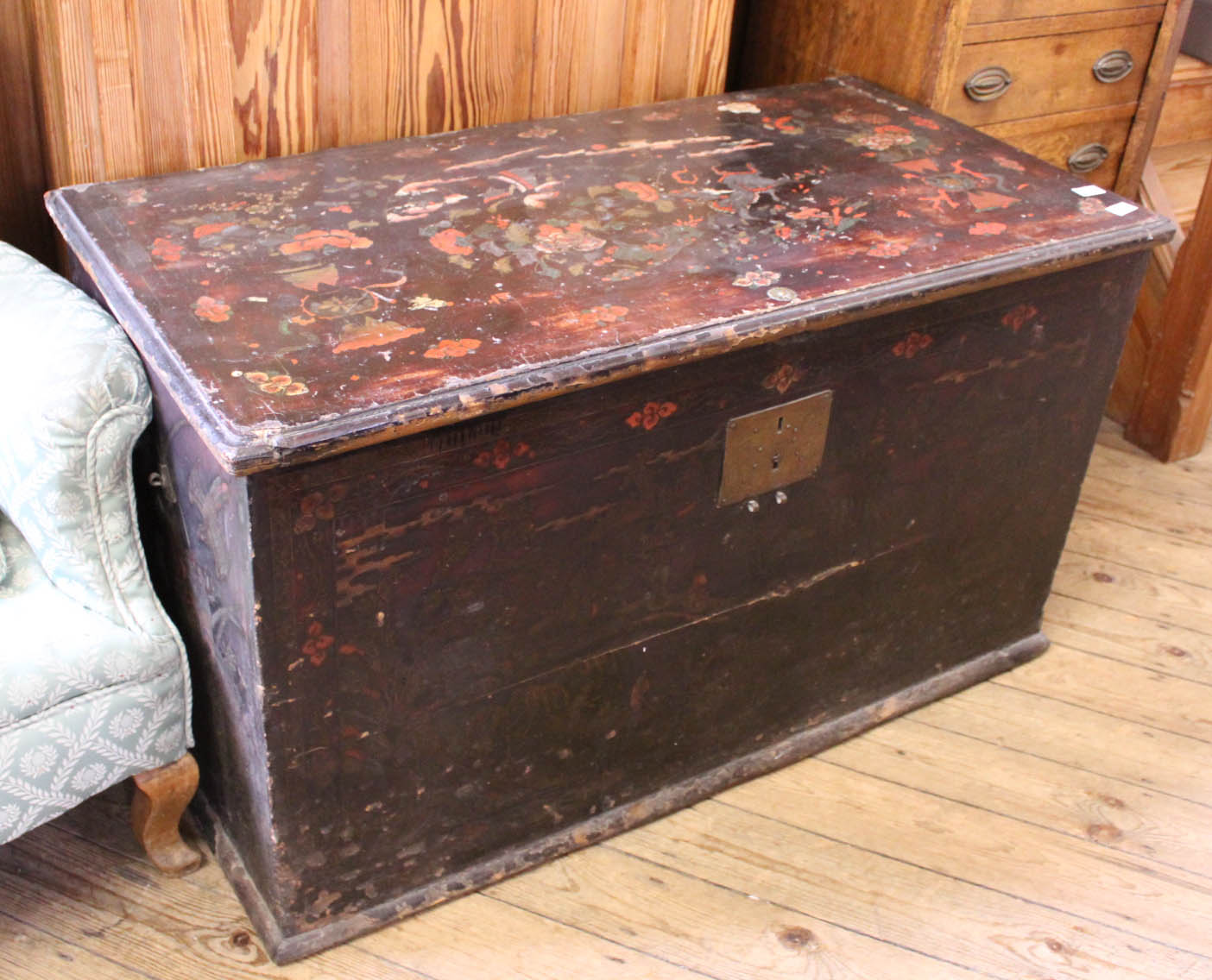 An unusual and large early 19th Century Oriental decorated blanket box