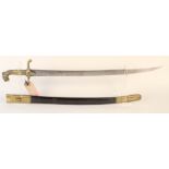 A British bandmans sword with lion head pommel and brass mounted leather scabbard,