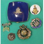 A mixed lot including sweetheart brooches and a powder compact with Artillery badge