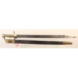 A British 2nd model Baker (PATTERN) sword bayonet with brass mounted leather scabbard and blade