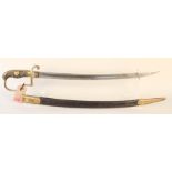 A Imperial German hanger/short sword with brass mounted leather scabbard,