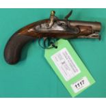 A Flintlock 'pocket pistol', lock marked Brown, 8" overall with a 3 1/2" barrel of approx 30 bore,