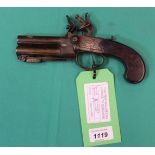 A Flintlock 'tap action' pistol with bayonet by Spencer London, 8" overall with 3" barrels,
