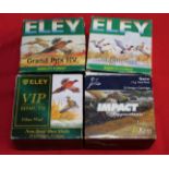 Four boxes (100) non-lead 12 bore cartridges, Eley Hawk Bismuth and Tungsten Matrix,