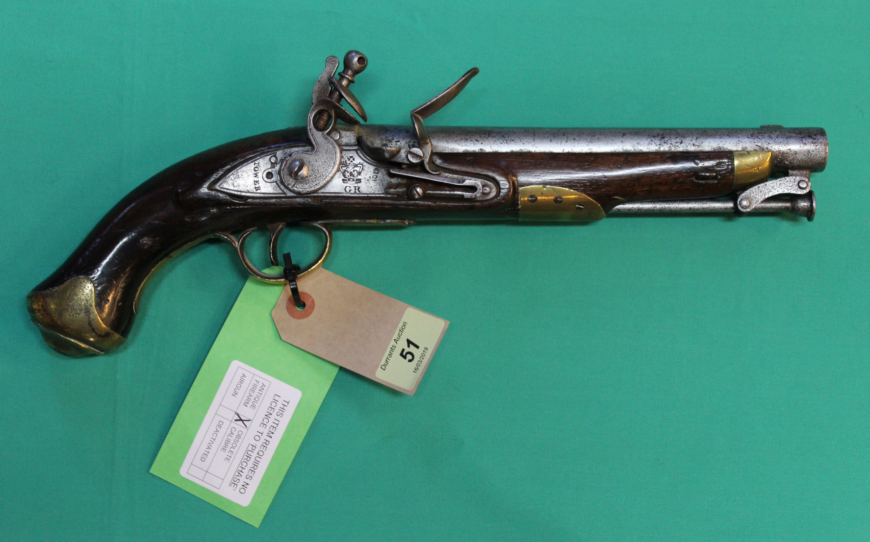 A 'new land model' cavalry Flintlock pistol of approx 16 bore, lock marked crown over G.R.