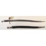 A British model 1863 Whitworth bayonet with leather scabbard (round mortise slot to hilt)