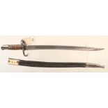 An Austrian model 1870 sabre bayonet with a leather scabbard