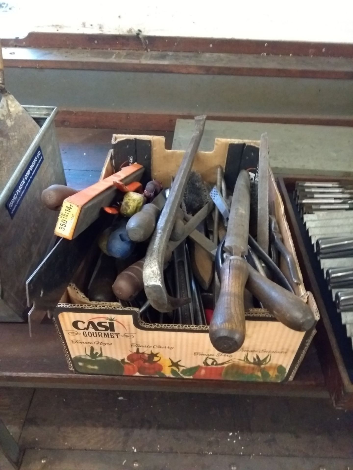 Box of coping saw blades, files pliers, wire brushes, grips, screw drivers, crowbar,