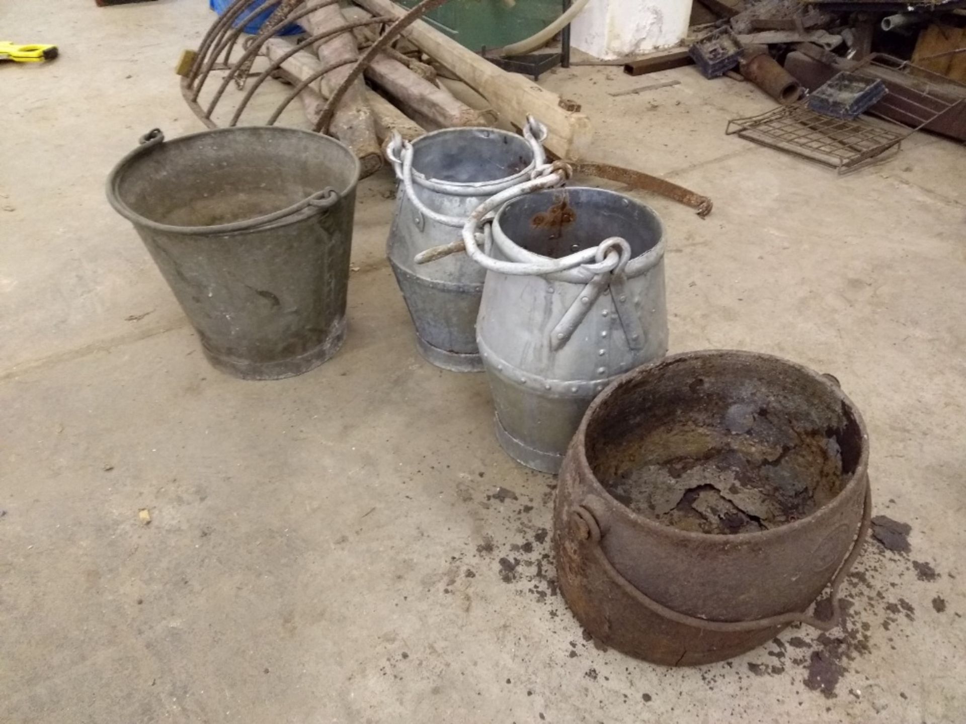 2 x Antique well buckets (recently galvanised), iron cauldron and a steel bucket.