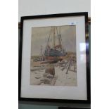 Rowland Fisher watercolour of a beached sailing vessel,