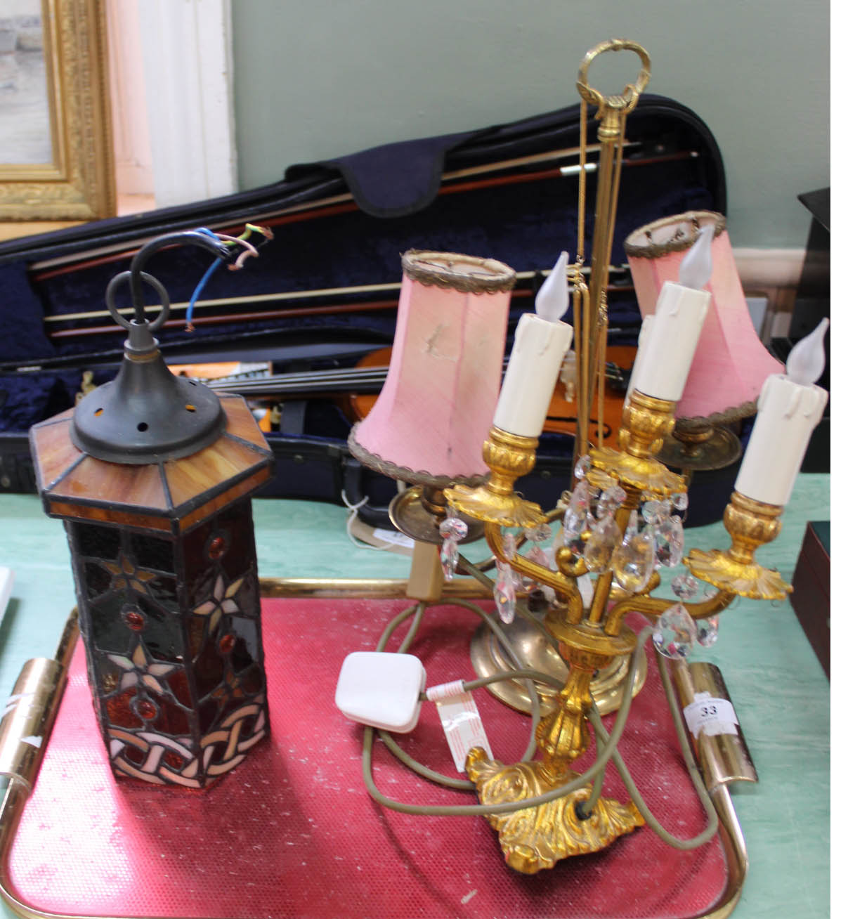 Two table lamps plus a leaded glass hall lantern