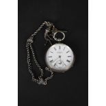 A gents silver cased pocket watch with sub seconds dial together with two white metal watch chains,