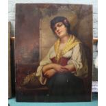 An unframed 19th Century oil on canvas of a half length portrait of a seated lady with a basket of