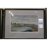 A watercolour of Southwold lighthouse from Walberswick, with label on reverse,