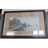 A watercolour of a river estuary scene with figures and vessels,