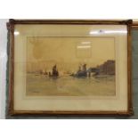 John Mace watercolour of a port scene with vessels,