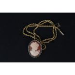 A 15ct gold rope chain necklace and a silver framed cameo pendant