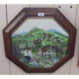 An octagonal oil on board of a comic village scene,