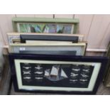 A framed sailors knot display plus paintings including Gina Frost gouache,