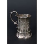 A Victorian silver christening mug of octagonal form with engraved floral decoration by Samuel