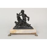 A bronze of a satyr and goat on onyx base,