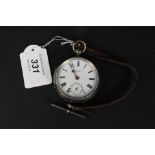 A gents silver pocket watch with sub seconds dial with leather strap,