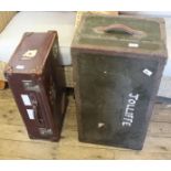 A vintage metal bound travelling trunk and leather suitcase