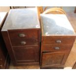 Two pine pedestal desk ends each with two drawers and cupboard below and one with locking side