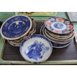 Two 19th Century Imari plates plus others and a willow pattern bowl