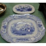 A 19th Century blue and white classical ruins and figures meat plate plus a boat and landscape