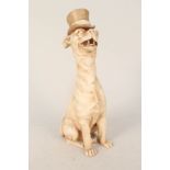 An Amphora pottery dog with top hat,