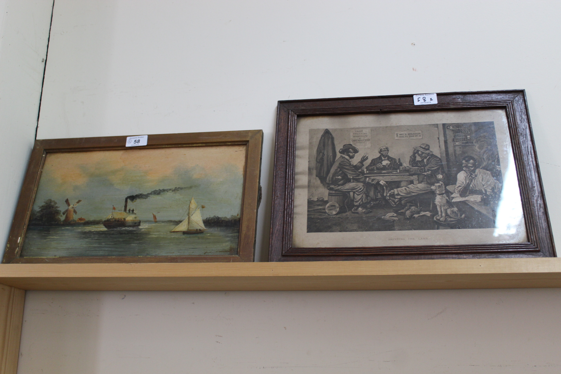 An oil on board of a paddle steamer plus an ethnic print 'Skinning the Lamb'