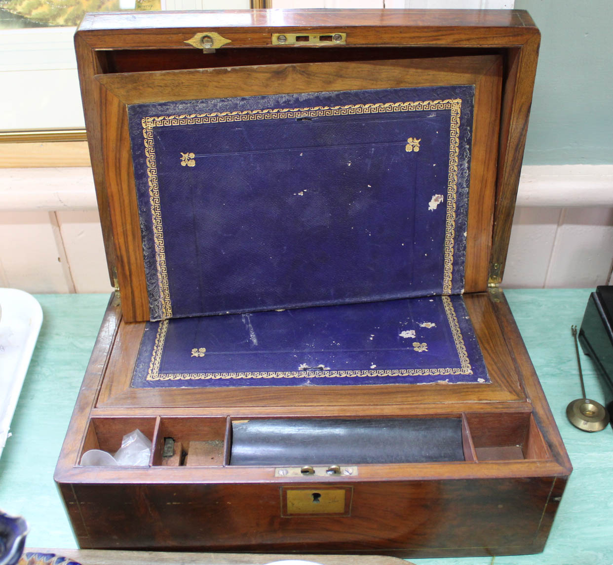 A Victorian walnut and brass bound writing slope - Image 2 of 2