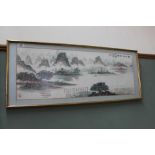 A Chinese watercolour landscape picture with back inscription,