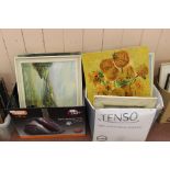 Various framed and unframed oils and watercolours including Yoxford bookshop (two boxes)