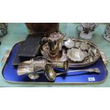 A quantity of silver plated items including engraved gallery tray, sugar scuttle,
