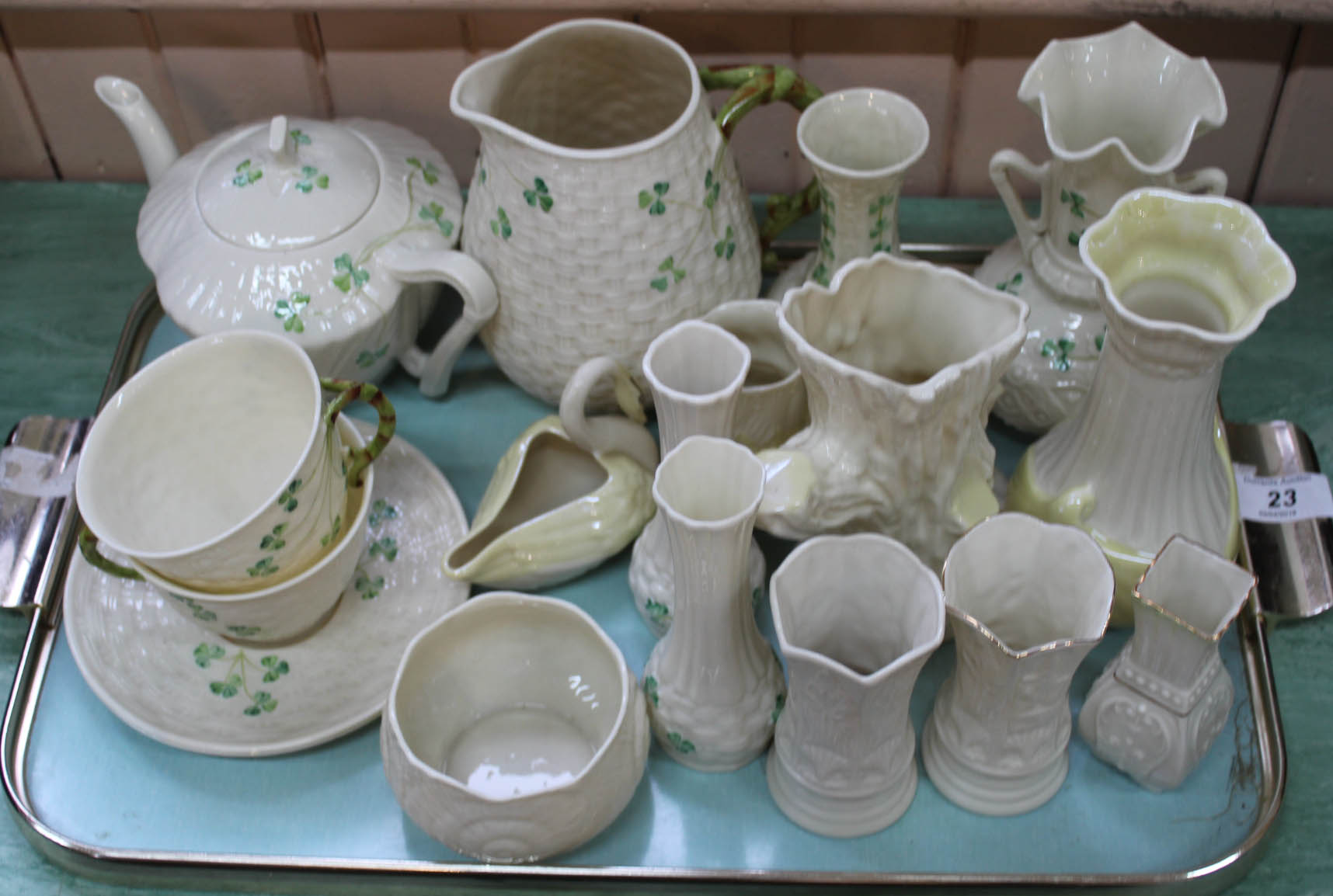 Various Belleek porcelain to include teapot, jugs,