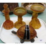 Three Art Deco amber glass table centrepieces plus a tortoise lamp