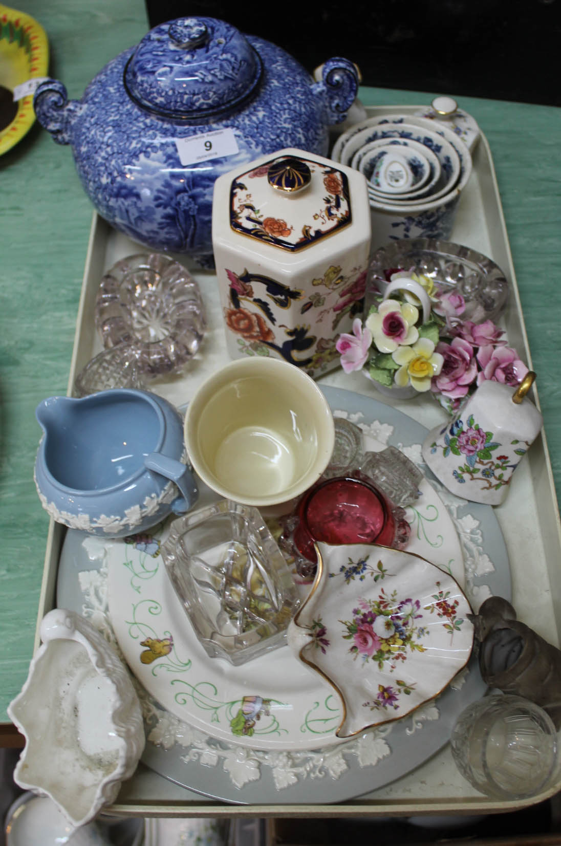 A James Kent blue and white lidded jar plus other china and glass