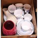 A dairy bowl and contents plus two boxes of china and glass including Noritake Blue Moon