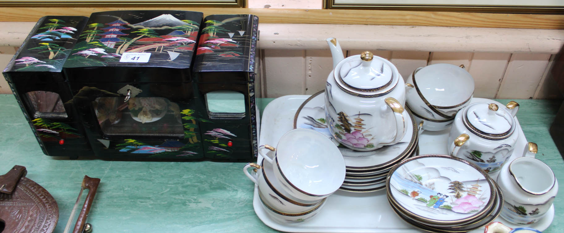 A Japanese lacquer musical jewellery box plus an eggshell part tea set