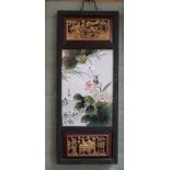 A Chinese carved wood parcel gilt panel with bird and floral porcelain panel,