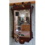 A Georgian inlaid mahogany wall mirror with gilt ho ho bird crest (as found)